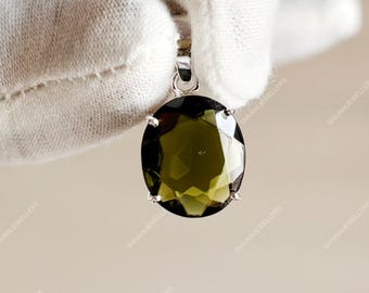 Authentic Moldavite Sterling Silver Pendant: Czech Cut Gemstone