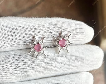 Natural Red Ruby Stud Earrings: Minimalist 925 Sterling Silver