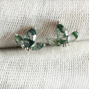 14K Gold Plated Moss Agate Stud Earrings: Sterling Silver Tragus Helix