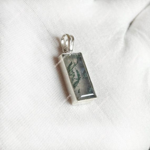 Rectangle Moss Agate Pendant: 925 Sterling Silver Bezel Setting