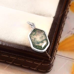 Hexagon Moss Agate Necklace: 925 Sterling Silver Pendant, Handmade Jewelry