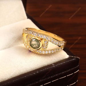 Round Natural Moss Agate Vintage Gold Plated Floral Promise Ring Art Deco Birthstone Ring CZ Promise Customized Anniversary Gift for Women