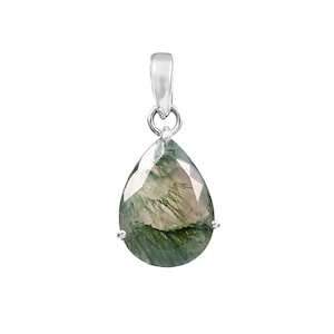 Pear Cut Moss agate Silver Necklace Sterling Silver Necklace Moss agate pear pendant Solid Silver agate Necklace Gift for Mom Gift