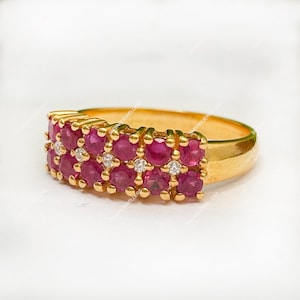 Anel de rubi redondo verdadeiro em ouro amarelo 14K, anel com diamantes ao redor, aniversário de julho, presente perfeito para o dia das mães - namorada - presente feminino