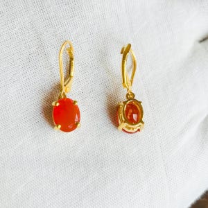 May include: A pair of gold-colored drop earrings with oval, orange-red gemstones. The earrings have a lever-back closure and are set in a gold-colored metal. The gemstones are faceted and catch the light.
