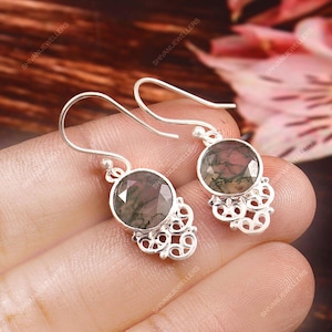 Round Moss Agate Earrings in Sterling Silver, Round Gemstone Dangle Earrings, Green Moss Agate Silver Earrings, Women Earring Gift For Her