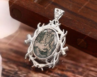Sterling Silver Moss Agate Necklace: Oval Gemstone Pendant