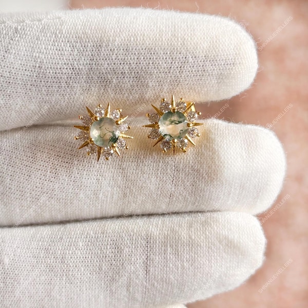 Green Moss Agate Earrings: Vintage Rose Gold Moissanite Accent