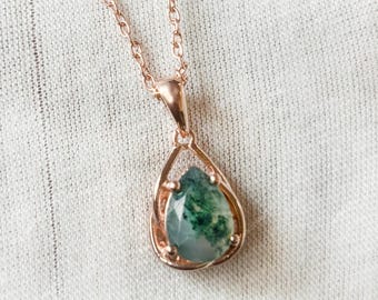 Pear Cut Moss Agate Pendant Necklace: Sterling Silver or Gold