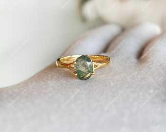 Oval Moss Agate Ring, 925 Sterling Silver, Natural Stone