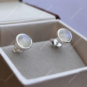 Rainbow Moonstone Stud Earrings: Sterling Silver Bezel, Boho Minimalist Jewelry