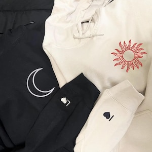 Sun and Moon Couple Hoodies with Personalized Initials | Custom His and Hers Matching Sweatshirts | Valentine or Anniversary Gift