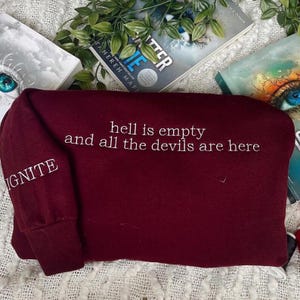 Hell Is Empty Embroidered Hoodie | Embroidered Aaron Warner Shirt | Shatter Me Sweatshirt | Quotes Embroidered Shirt | Book Lover Gifts