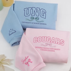 Custom College Bow Embroidered Sweatshirt | Crewneck University Sweatshirt | Personalized College Apparel | Unique Gifts for Girls