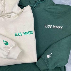 Custom Embroidered Roman Numeral Date Hoodie, Sleeve with Initials, Matching Hoodies For Couple, Valentine&#39;s Day Gifts Couples