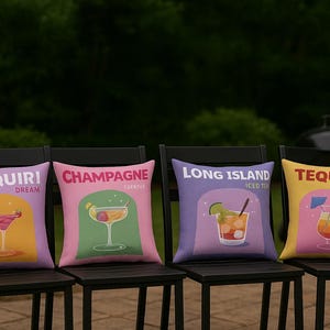 Poszewki na poduszki koktajlowe – Tequola, Daiquiri, Szampan, Long Island | Dekoracja letniego baru | Poduszka na drinka w stylu retro | Prezent dla miłośników imprez 45 x 45 cm
