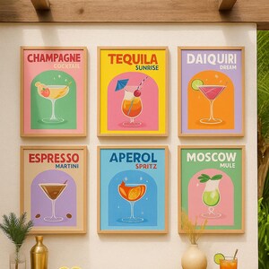 Pósters de cócteles retro, impresiones artísticas para pared: Aperol Spritz, Espresso Martini, Daiquiri, Tequila Sunrise, Moscow Mule, Champán. Decoración del hogar.