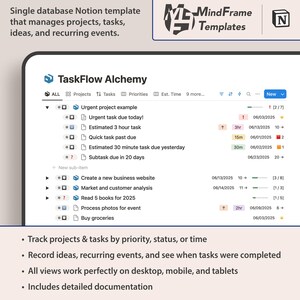Könnte beinhalten: Eine digitale Notion-Vorlage für das Projektmanagement, mit einer übersichtlichen Oberfläche, die Aufgabenlisten, Prioritäten und Zeitpläne anzeigt. Der Bildschirm zeigt den Text "TaskFlow Alchemy" und enthält ein Logo. Die Vorlage verwaltet Projekte, Aufgaben, Ideen und wiederkehrende Ereignisse.
