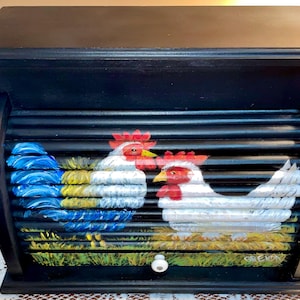 Vintage Painted Chicken Roll Top Bread Box