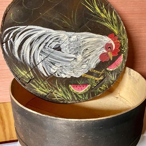 Vintage Hand painted Rooster on Cheese Box Box