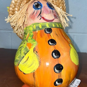 Hand Painted Scarecrow Gourd, hand painted gourd, fall decor, autumn decor, Halloween decor, painted scarecrow