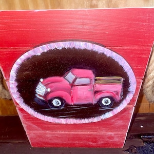 Painted Red Truck Wooden  Tote