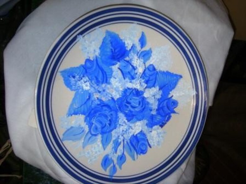 Decorative Hand Painted Blue and White Roses Plate image 1