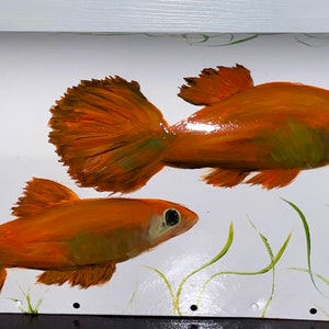 May include: A white mailbox painted with two orange fish and green grass. The mailbox has the name "Brenda" written on the bottom left corner.