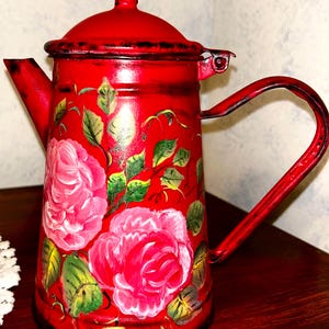 Roses on Painted Red Enamelware Pot- DECORATIVE USE ONLY