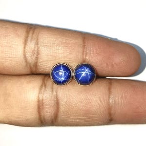 Round Cut 6 Rays Star Blue Sapphire Stud Earrings, 925 Sterling Silver Dainty Star Sapphire Studs, Minimalist Birthday Gift Stud Earrings