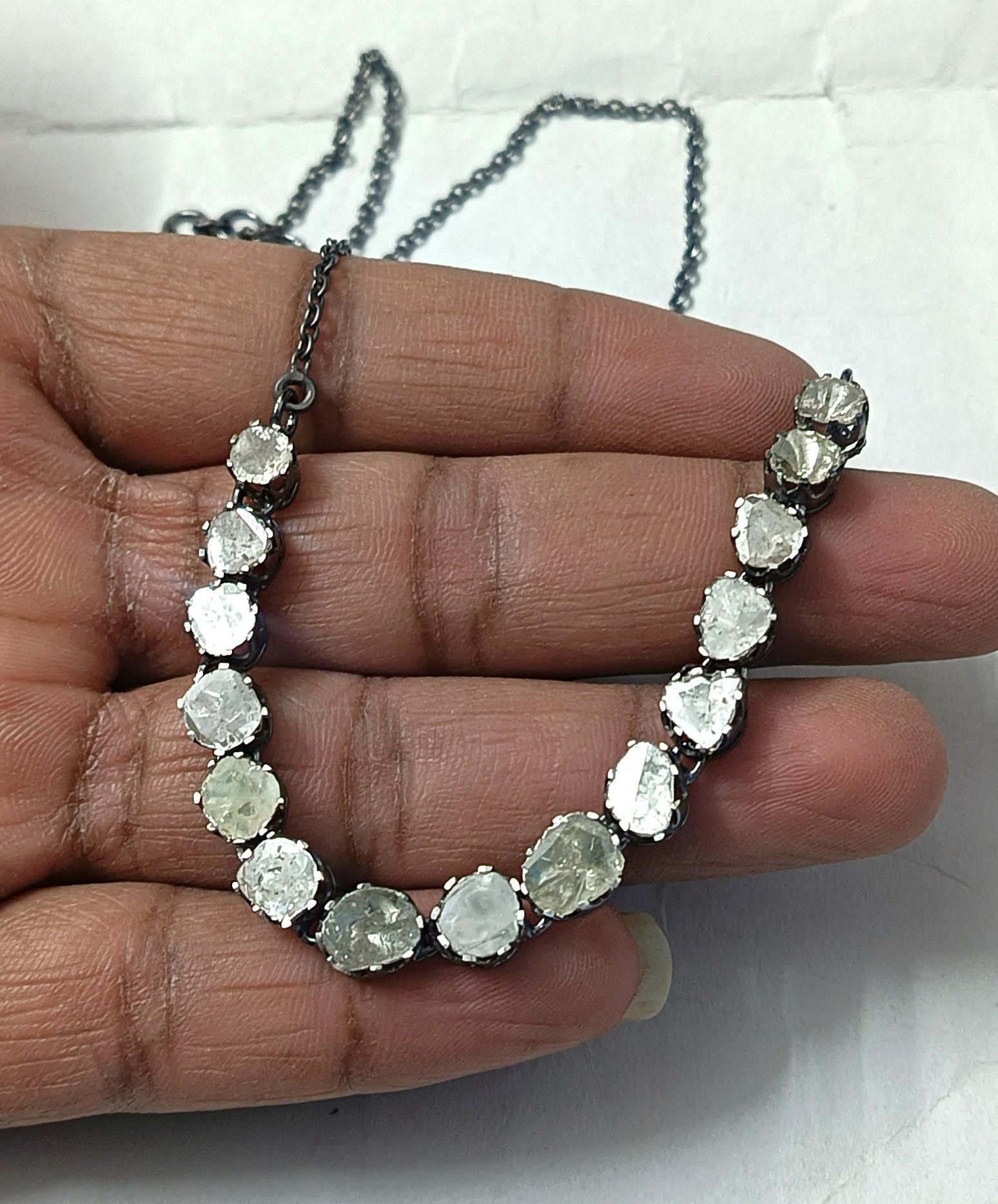 Solid 925 Sterling Silver Polki Diamond Necklace, Handmade Indian Bridal Jewelry, Black Plated Handmade Rose Cut Polki Jewelry For Womens