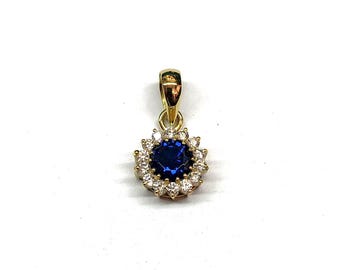 Lab Created Blue Sapphire Pendant Necklace, Gold Filled Round Cut & Zircon Pendant, 925 Silver Victorian Pendant Bridal Necklace, Gift Sale