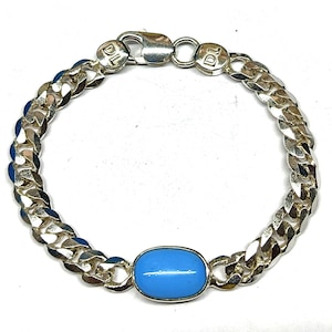 Natural Blue Turquoise Cuban Chain Bracelet, 925 Sterling Silver Cabochon Men&#39;s Jewelry Birthstone, Personalized Name Bracelet Gift For Him