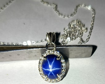 Victorian CZ Diamond & Oval Cut Blue Star Sapphire Necklace, Solid 925 Sterling Silver Sapphire Pendant, Bridesmaid Pendant Gift For Women