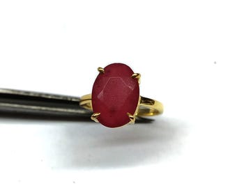 Minimalist Gold Plated Deep Red Ruby Ring, 925 Sterling Silver Blood Ruby Jewelry Engagement Ring, Dainty Ruby Birthstone Ring