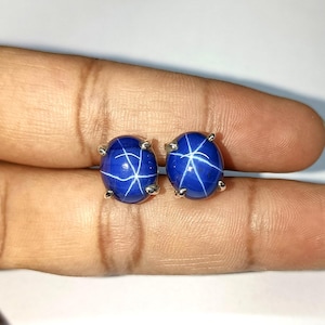 Genuine Blue Star Sapphire Stud Earrings, 925 Sterling Silver Birthday Gift Studs For Women, Star Sapphire Stud Anniversary Gift For Girls