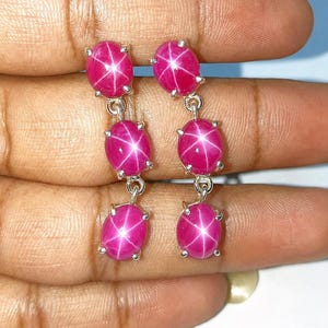Lindy Pink Star Sapphire Drop Earrings, 925 Sterling Silver Handmade Dangle Earrings, Party Wear Jewelry For Women