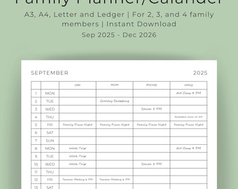 Puede incluir: Un planificador/calendario familiar con el texto "Family Planner/Calendar" en la parte superior. El calendario es para septiembre de 2025 a diciembre de 2026. Incluye espacios para 2, 3 y 4 miembros de la familia. El calendario tiene un fondo blanco con texto negro.
