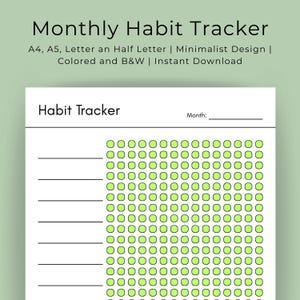 Puede incluir: Un rastreador de hábitos mensual minimalista imprimible con el título "Monthly Habit Tracker". El diseño incluye espacio para rastrear hábitos, con una cuadrícula de círculos verdes para marcar el progreso. El texto incluye "A4, A5, Letter an Half Letter | Minimalist Design | Colored and B&W | Instant Download".