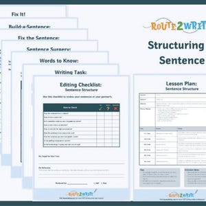 Könnte beinhalten: Eine Reihe weißer Arbeitsblätter mit blauen Rändern und Text. Die Titel umfassen "Fix It!", "Build-a-Sentence" und "Editing Checklist: Sentence Structure". Der Titel "Structuring a Sentence" ist deutlich sichtbar.