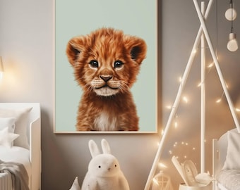 Cute Lion Cub Print, Nursery Wall Art, Safari Animal Decor, Scandinavian Kids Room Art, Digital Download Printable
