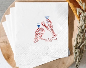 Personalized Lobster Wedding Napkins, Custom Coastal Cocktail Napkins, Nautical Wedding Beverage Napkins, Beach Wedding Guest Towels