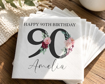 Personalized 90th Birthday Napkins, Floral Milestone Birthday Napkins, Custom Cocktail Beverage Napkins, 90th Birthday Party Guest Towels