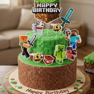 May include: A two-tiered birthday cake decorated with Minecraft-themed elements. The cake features a brown brick-like base and a green, pixelated top. It is adorned with character cutouts, a TNT block, and a "Happy Birthday" cake topper.