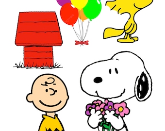 Könnte beinhalten: Eine Cartoon-Illustration mit Snoopy, der Blumen hält, Charlie Brown, Woodstock, einem roten Hundehütte und einem Bündel bunter Luftballons. Die Charaktere sind vor einem weißen Hintergrund.