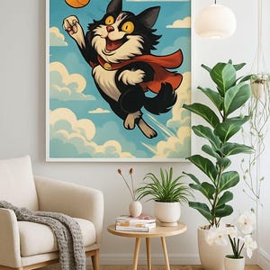 Superhero Cat Poster • Funny Cartoon Cat Picture • Nursery Decoration • Gift for Cat Lovers • Animal Poster Comic Style • Wall Picture