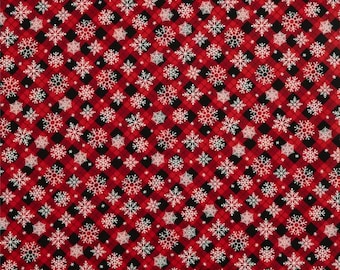 Christmas Fabric Print: Red & Black Plaid Snowflakes  Fabric by Yard