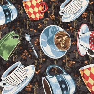 May include: A dark brown fabric featuring a repeating pattern of various coffee cups, saucers, and spoons. The design includes mugs with red and yellow diamond patterns, blue and white stripes, and polka dots, interspersed with scattered coffee beans.