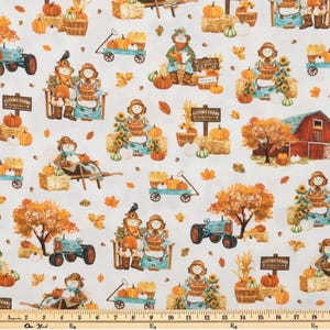 May include: White fabric with a repeating pattern of autumn farm scenes. The design includes pumpkins, scarecrows, hay bales, tractors, and a red barn. The color palette features orange, brown, and teal.