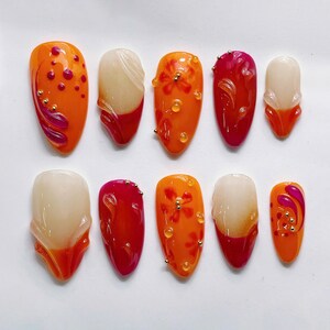 Handmade Orange Red Fluid 3D Unique Artistic Vibrant Press on Nails G43